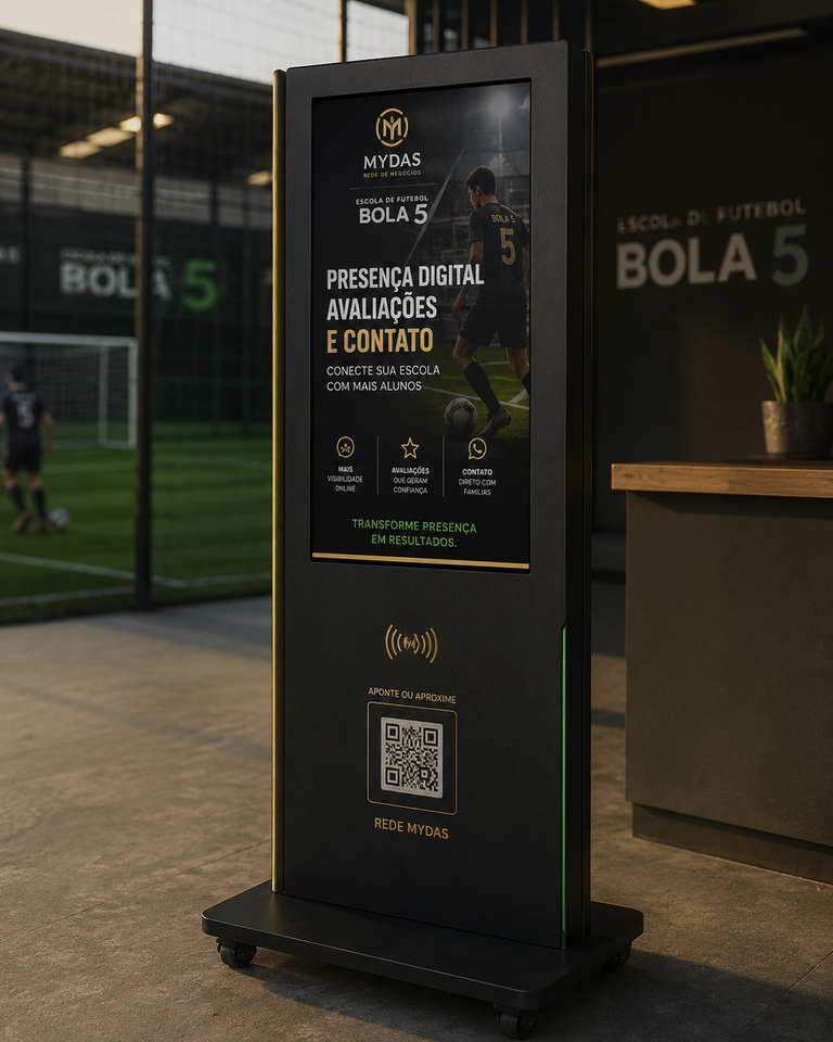 Totem digital vertical MYDAS instalado na Escola de Futebol Bola 5